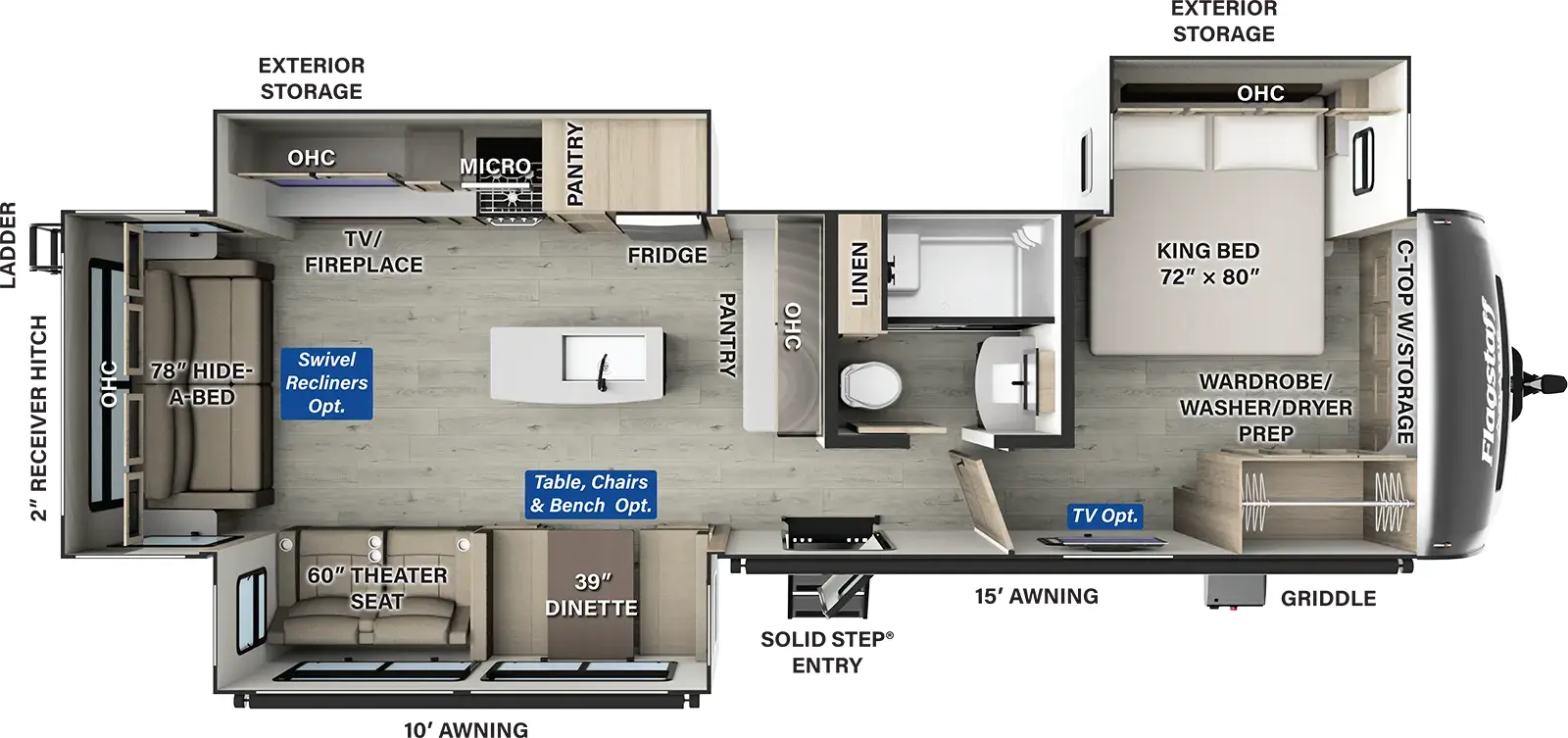 The Flagstaff Classic Travel Trailers 832IKRL has one entry and three slide outs. Exterior features include: fiberglass exterior and 10' & 15' awning. Interiors features include: kitchen island, front bedroom and rear living.